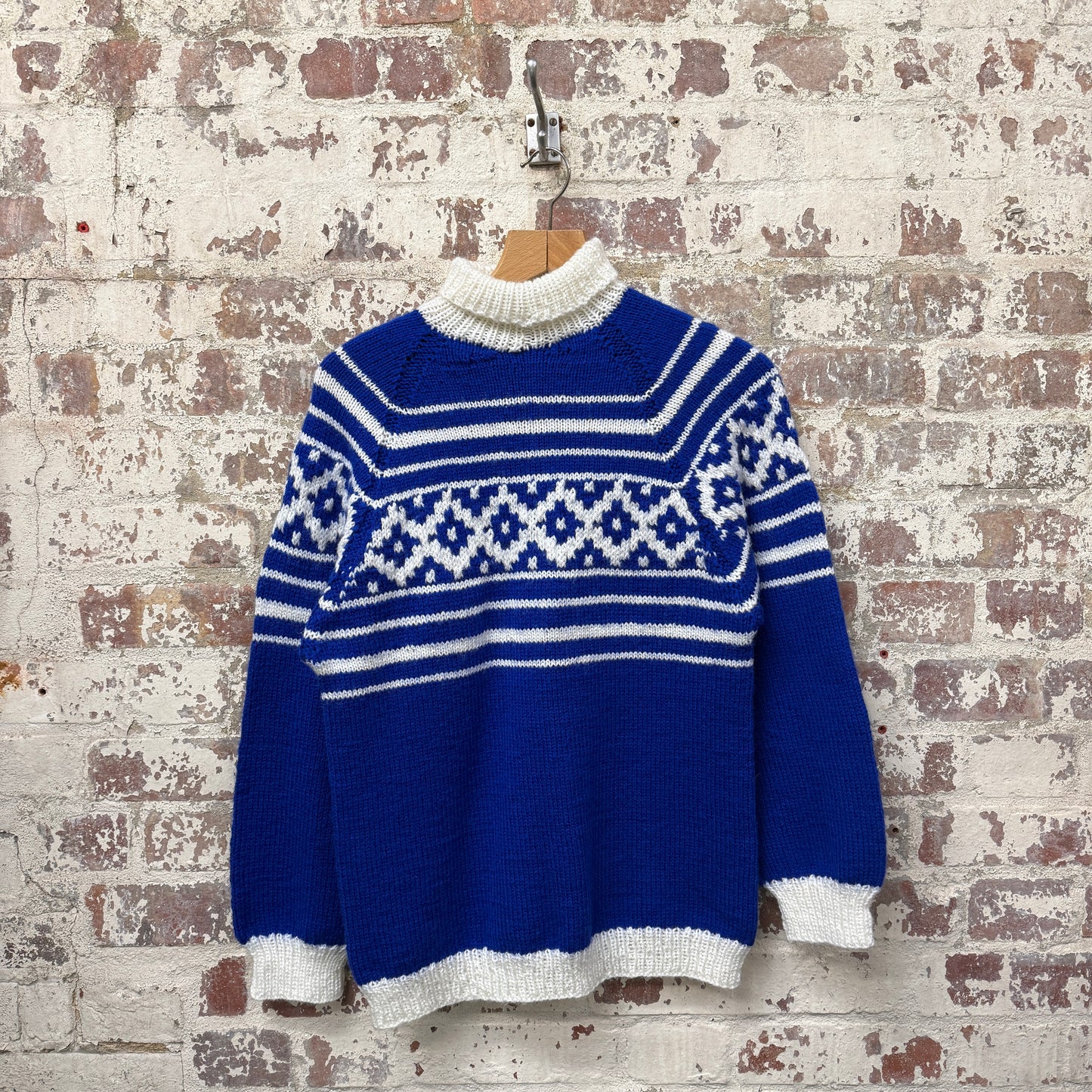 1970s Blue Wool Knitted Roll Neck Jumper