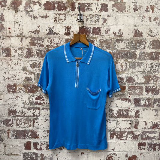 1980s Blue Sports Zip Polo Shirt Top