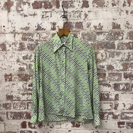 1970s White Patterned Dagger Collar Button Shirt