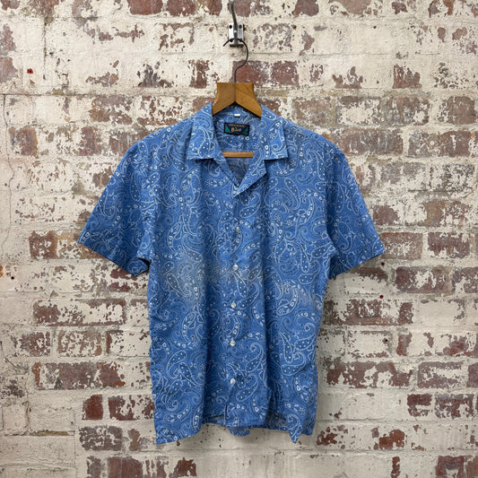 1970s Blue Paisley Print Button Up Shirt