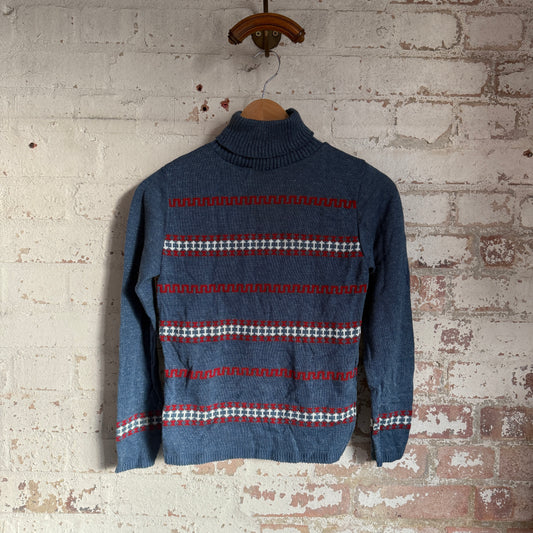 1970s Grey Patterned Knitted Roll Neck Jumper