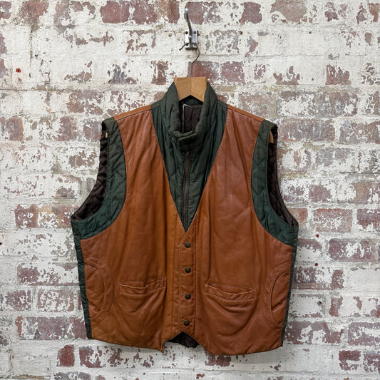 1970s Green Leather Padded Gilet Jacket