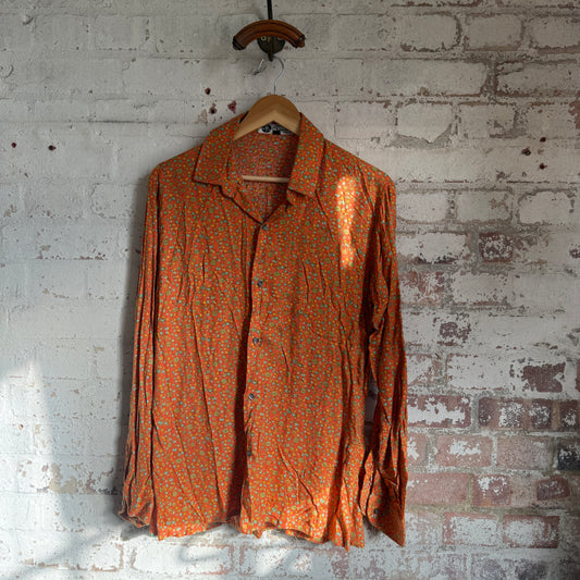 1970s Orange Patterned Flower Print Button Shirt