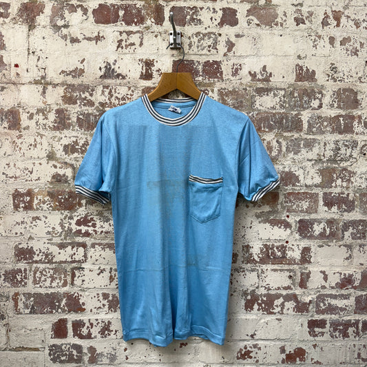 1970s Blue British Deadstock Pocket Crewneck T-Shirt