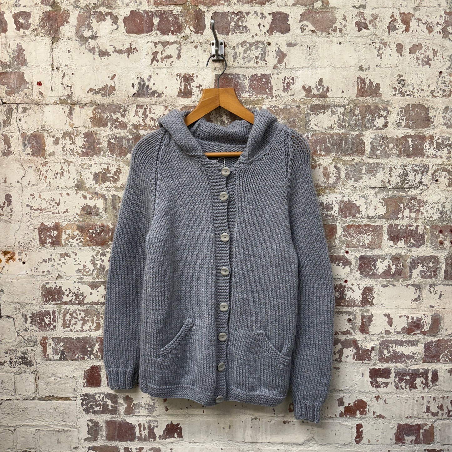 1980s Grey Knitted Button Up Hooded Jumper