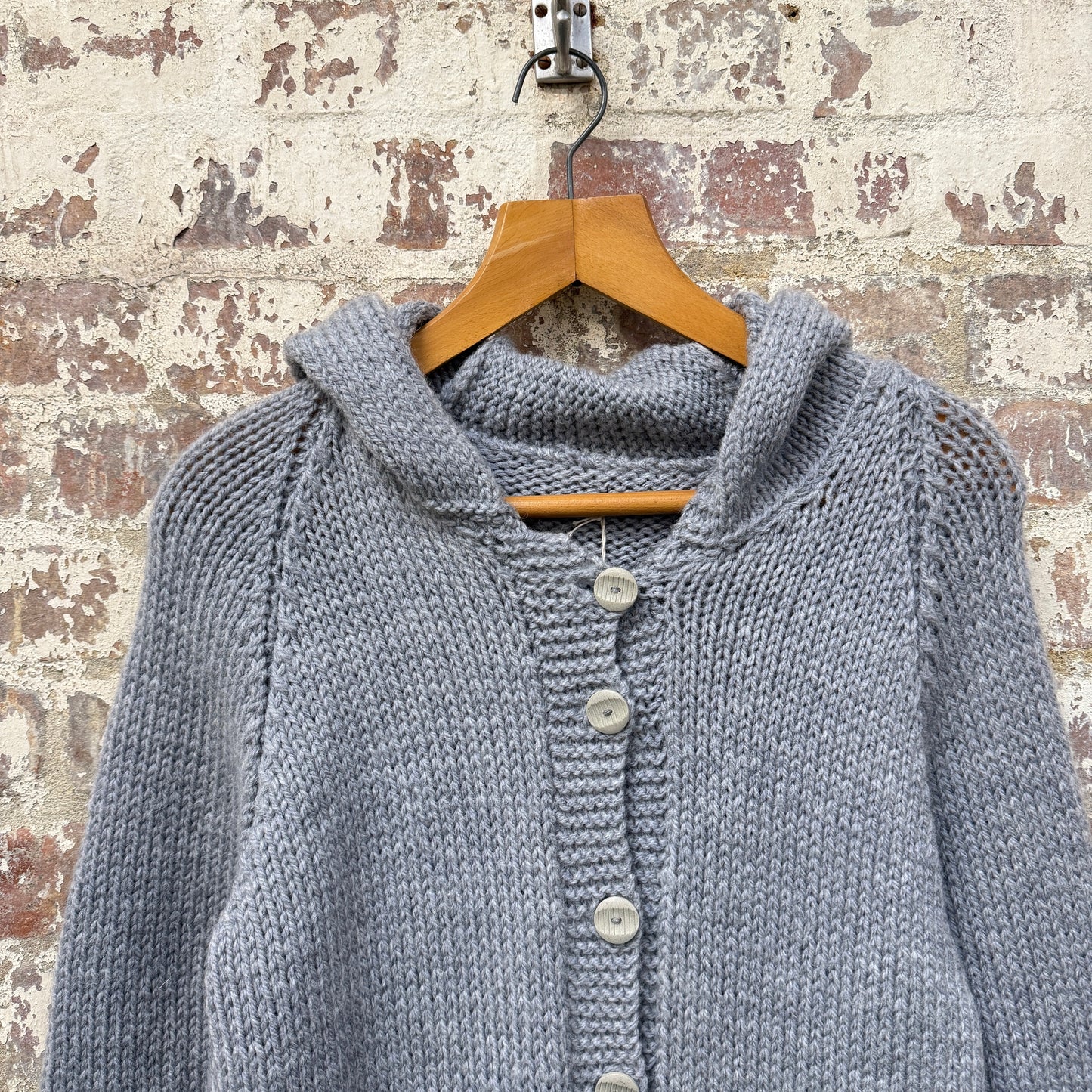 1980s Grey Knitted Button Up Hooded Jumper