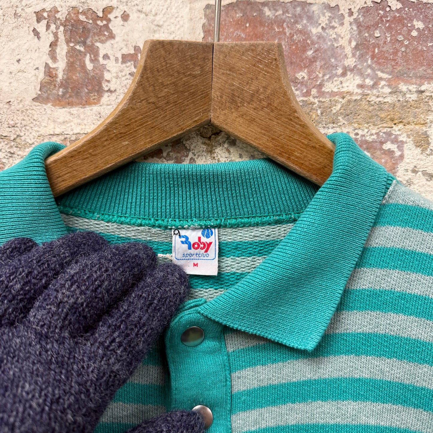 1980s Turquoise Striped Graphic Collared Sweatshirt