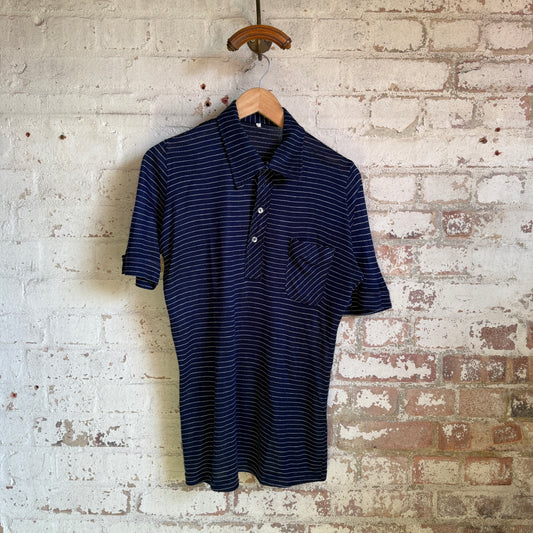 1970s Navy Italian Striped Polo Shirt Top