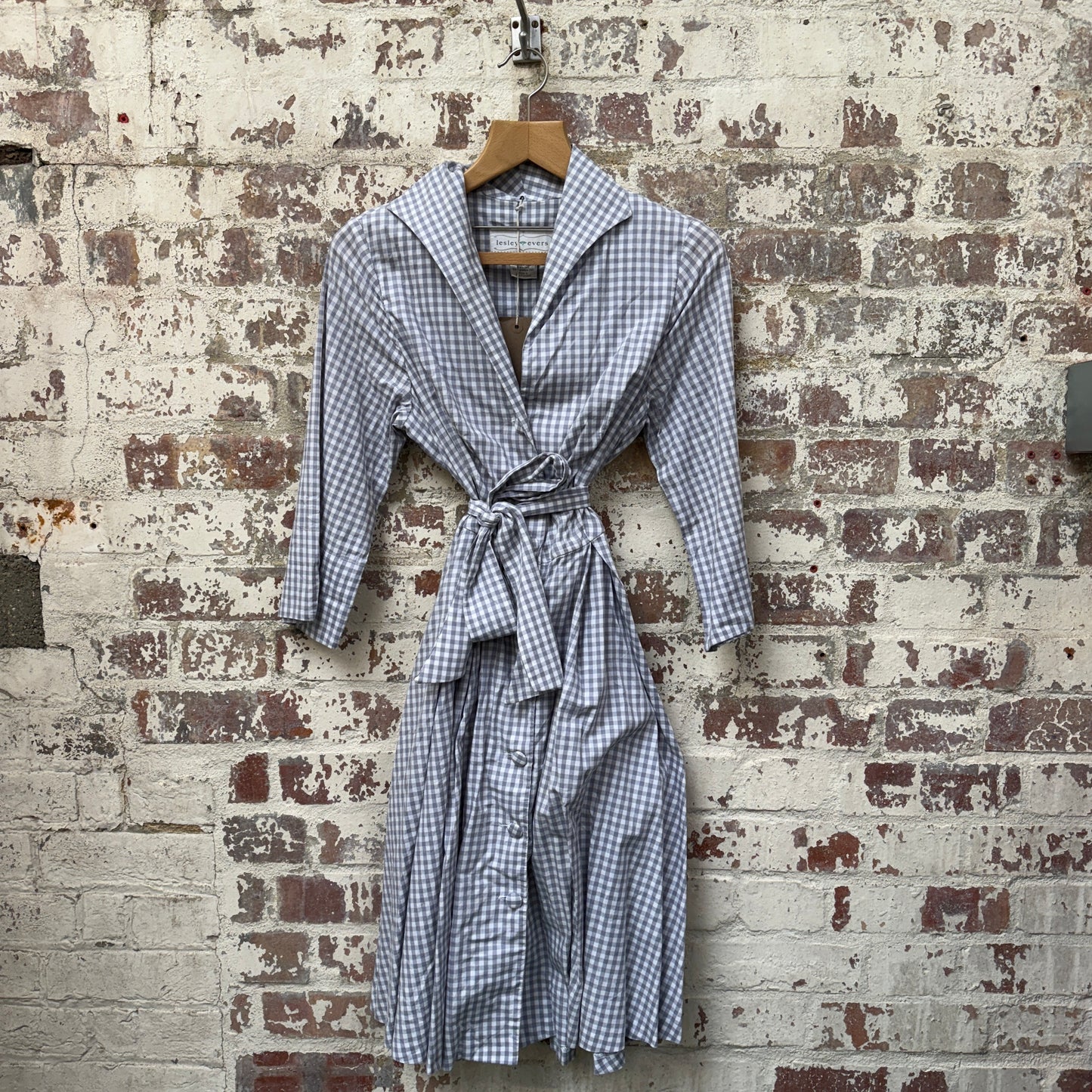1980s Grey Belted Checkered Cotton Lesley Evers Dress