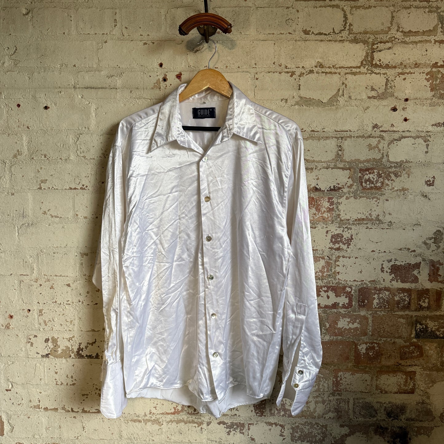 1990s White Satin Dagger Collar Button Shirt