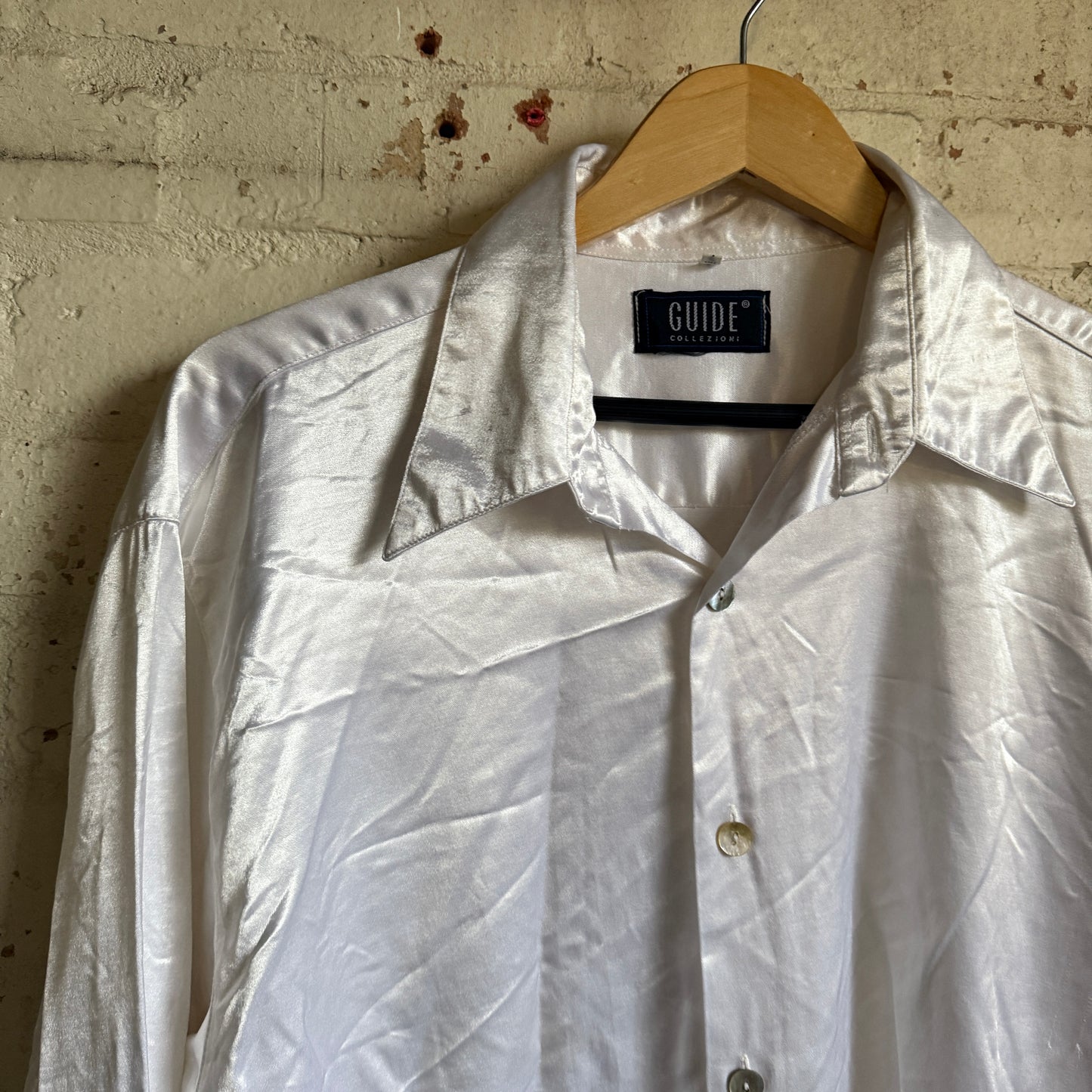 1990s White Satin Dagger Collar Button Shirt