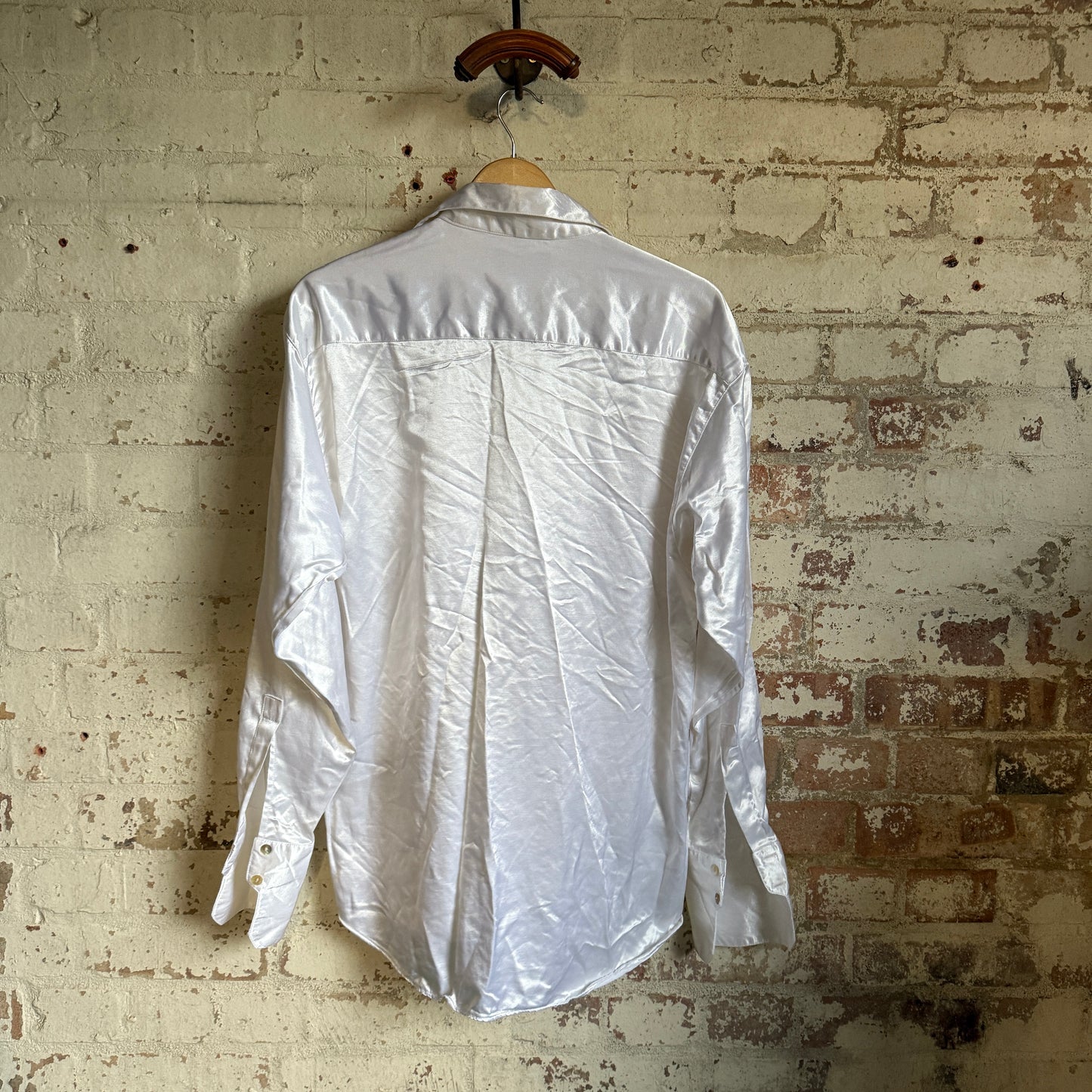 1990s White Satin Dagger Collar Button Shirt