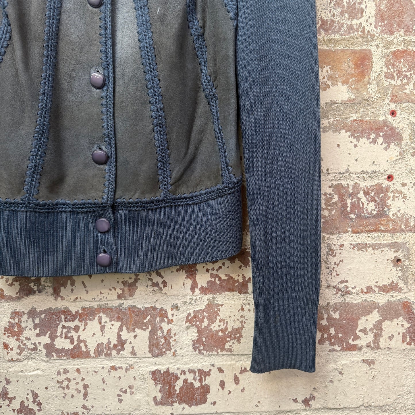 1970s Navy Suede Knitted Cardigan Jumper