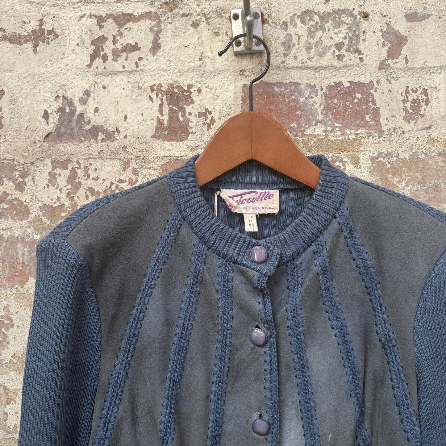 1970s Navy Suede Knitted Cardigan Jumper