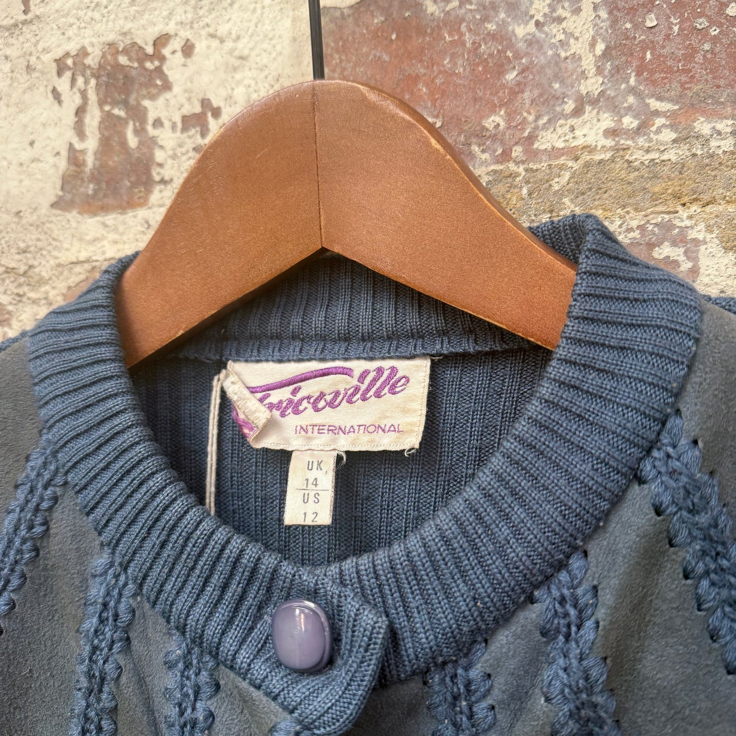 1970s Navy Suede Knitted Cardigan Jumper