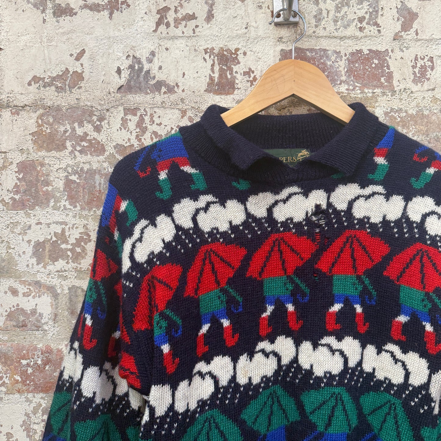 1980s Navy Patterned Wool Knitted Jumper