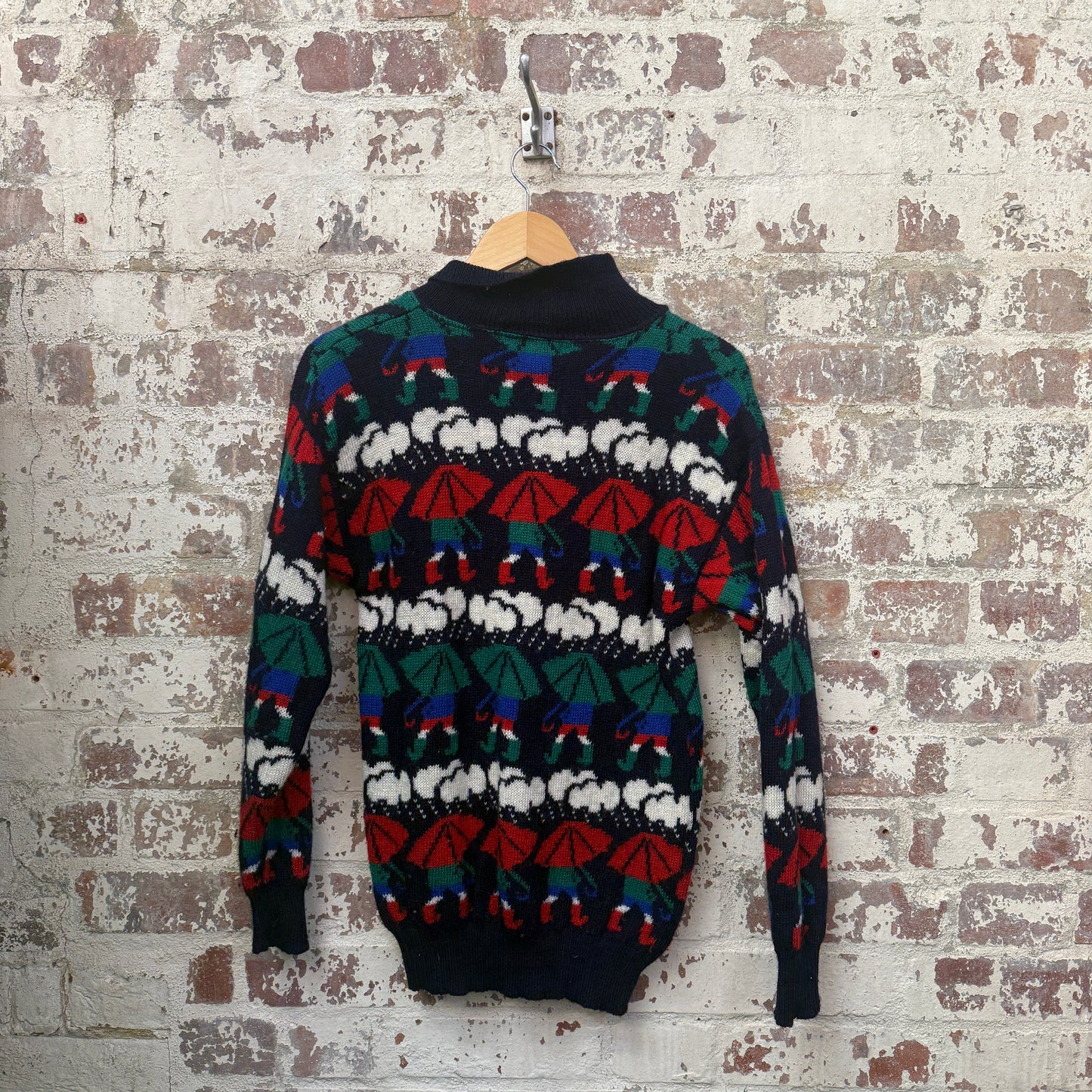 1980s Navy Patterned Wool Knitted Jumper