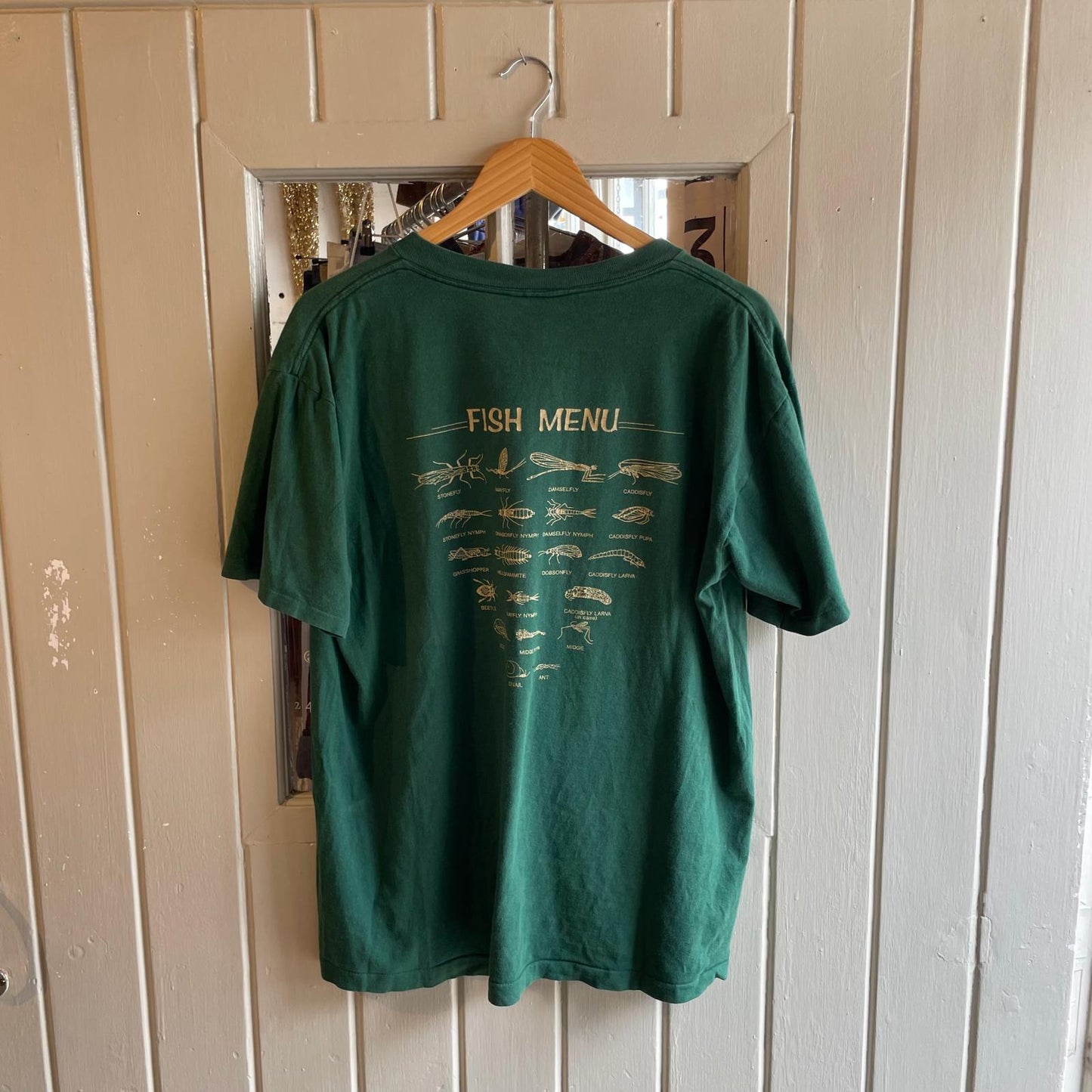 1990s Dark Green Fish Menu Graphic T-shirt