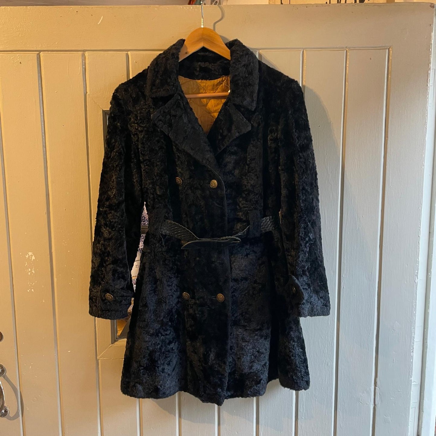 1970s Black Faux Fur Teddy Belted Coat Jacket