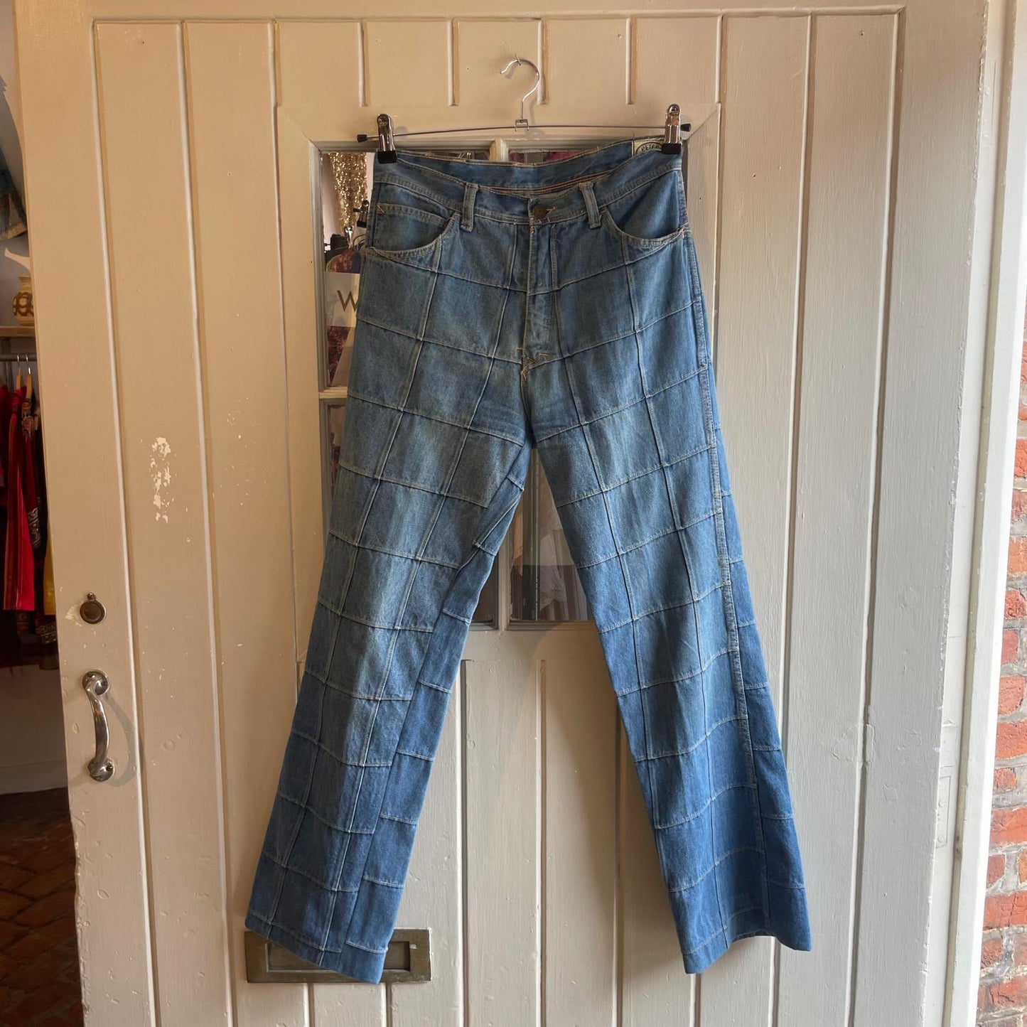 Vintage 70s/80s Blue Denim Patchwork Panel Jeans Flares