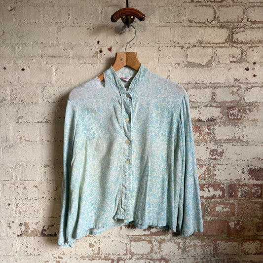 1950s Blue Floral Cotton Distressed Blouse Shirt
