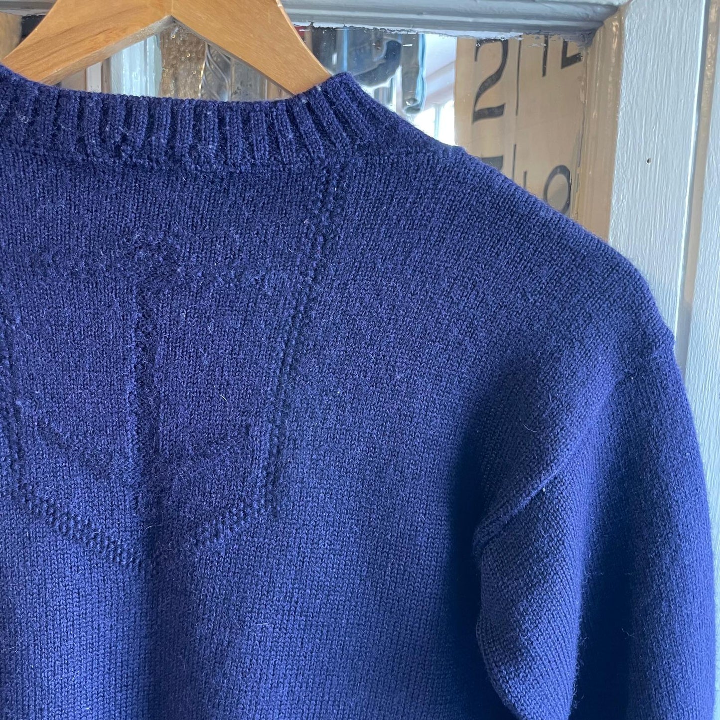 1970s , 80s Navy Wool Fisherman Patterned Guernsey Jumper