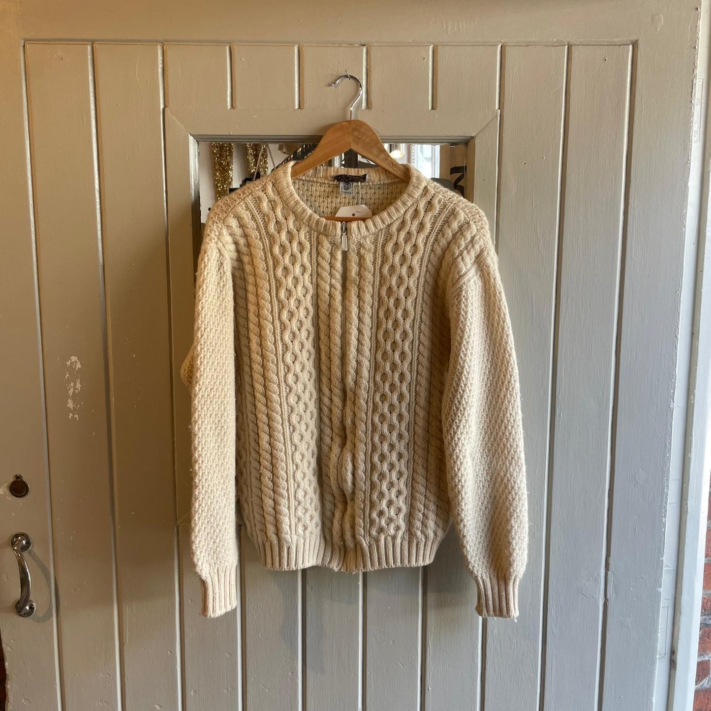 1980s Cream Wool Arran Knitted Zip Cardigan Jumper