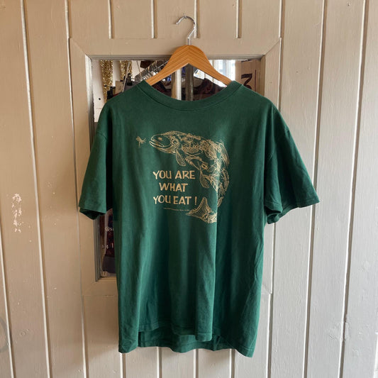 1990s Dark Green Fish Menu Graphic T-shirt