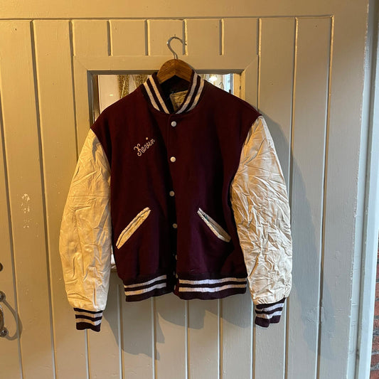 1970s Maroon and White Leather and Wool College Varsity Jacket