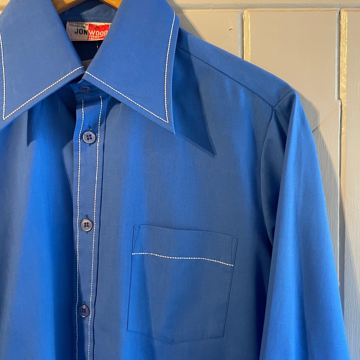 1970s Blue Cotton Dagger Collar Button Shirt