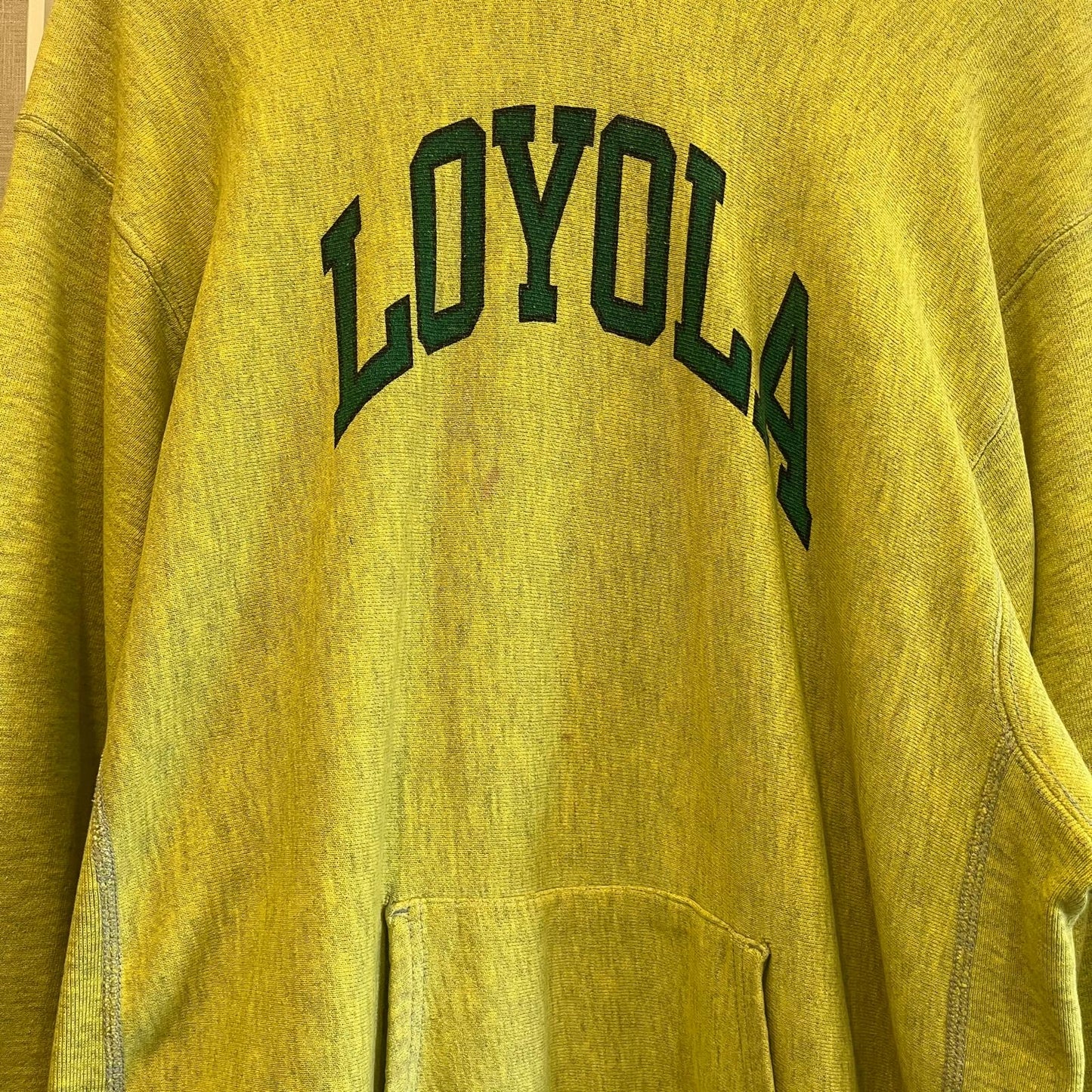 1980s Unusual Lime Champion Reverse Weave Graphic Hoodie Jumper