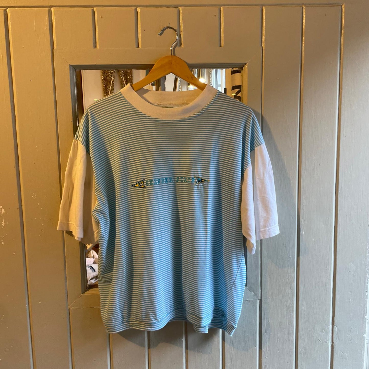 1980s Baby Blue White Striped T-shirt