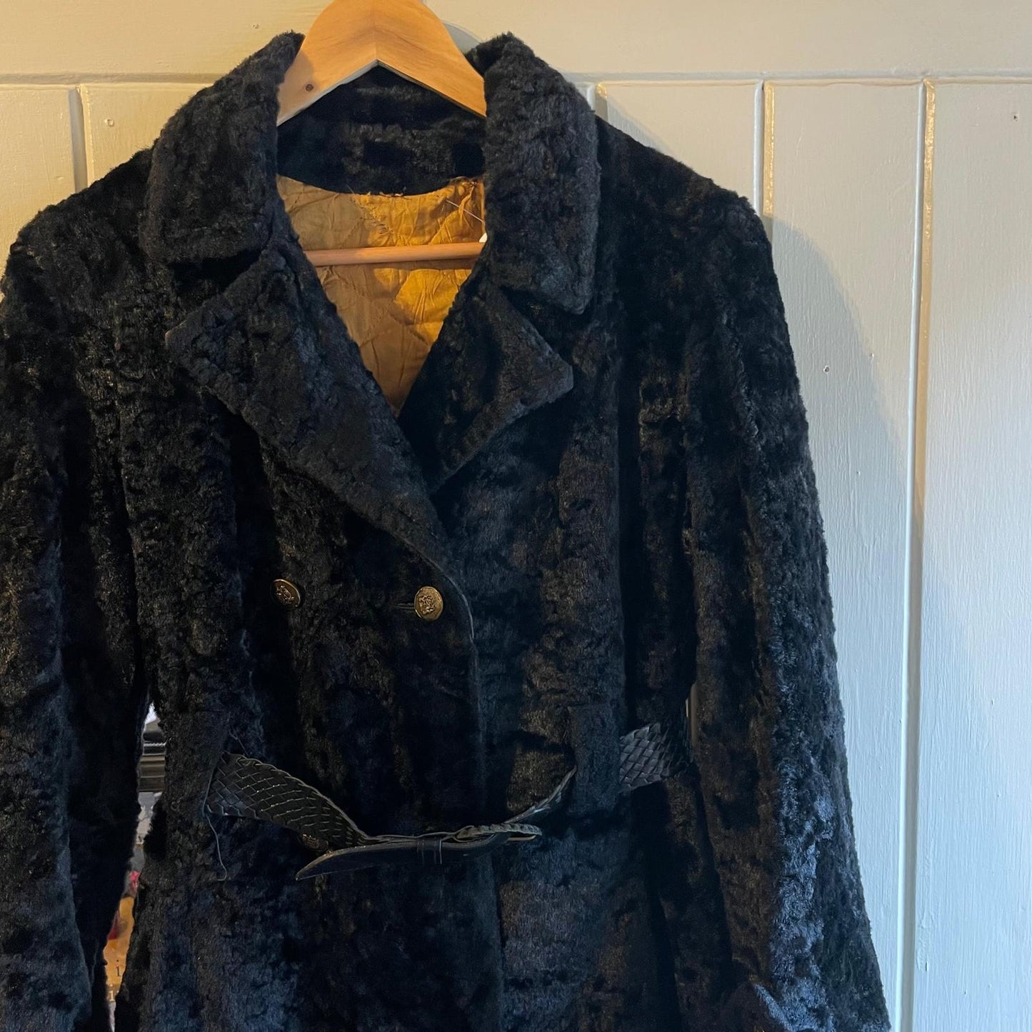 1970s Black Faux Fur Teddy Belted Coat Jacket