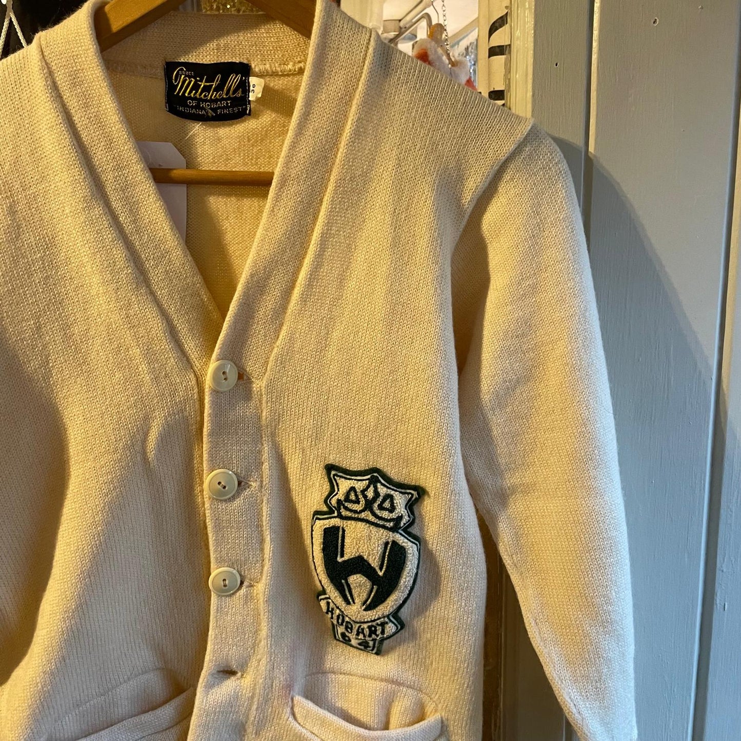 1960s Cream Wool Knitted Letterman Cardigan Jumper