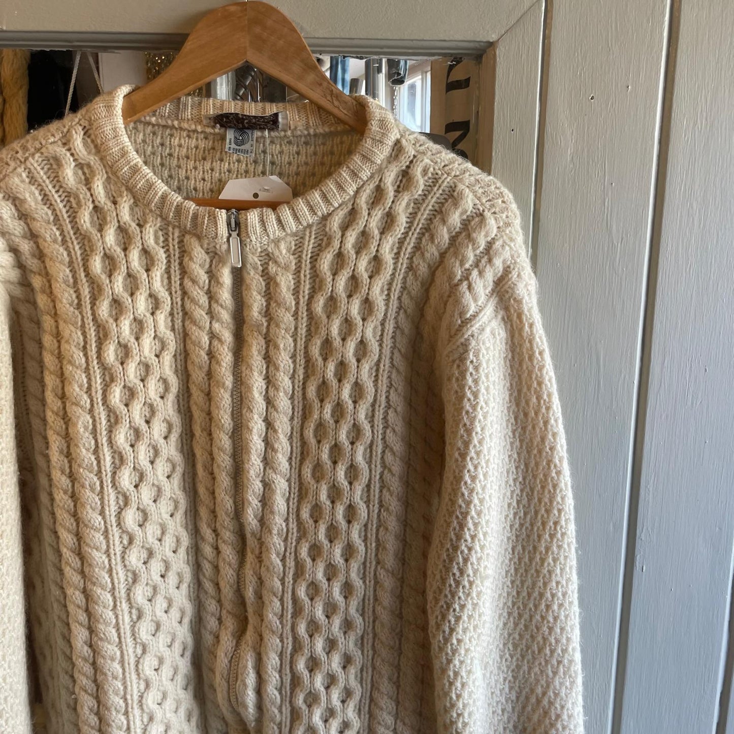 1980s Cream Wool Arran Knitted Zip Cardigan Jumper