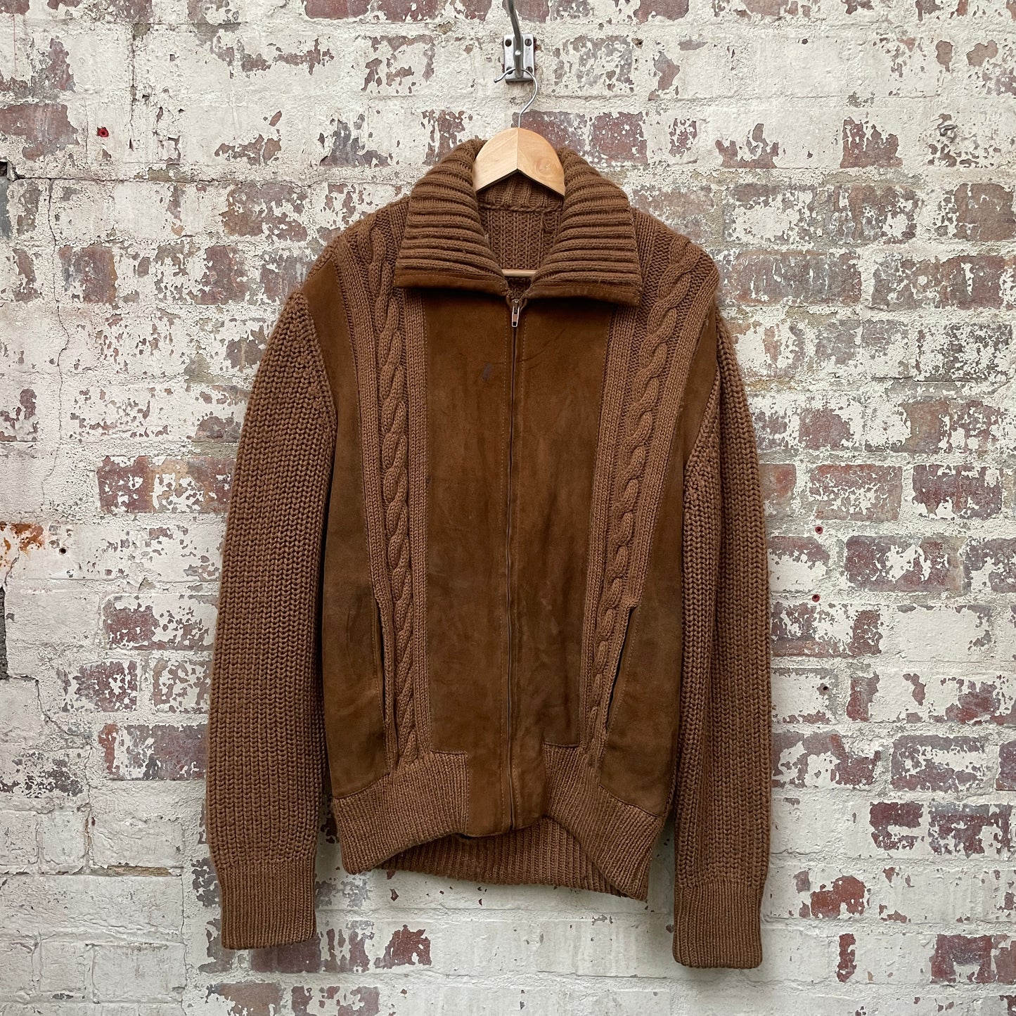 Vintage 1970s 1980s Suede Knitted Cardigan Jumper
