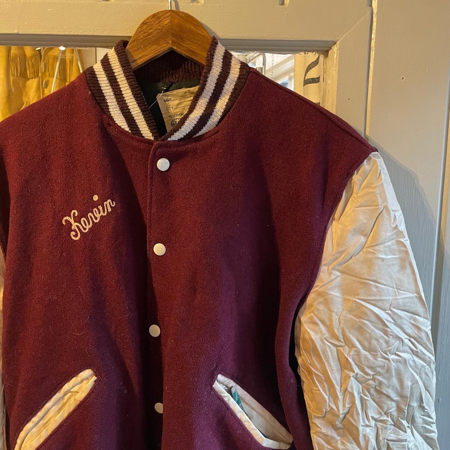 1970s Maroon and White Leather and Wool College Varsity Jacket