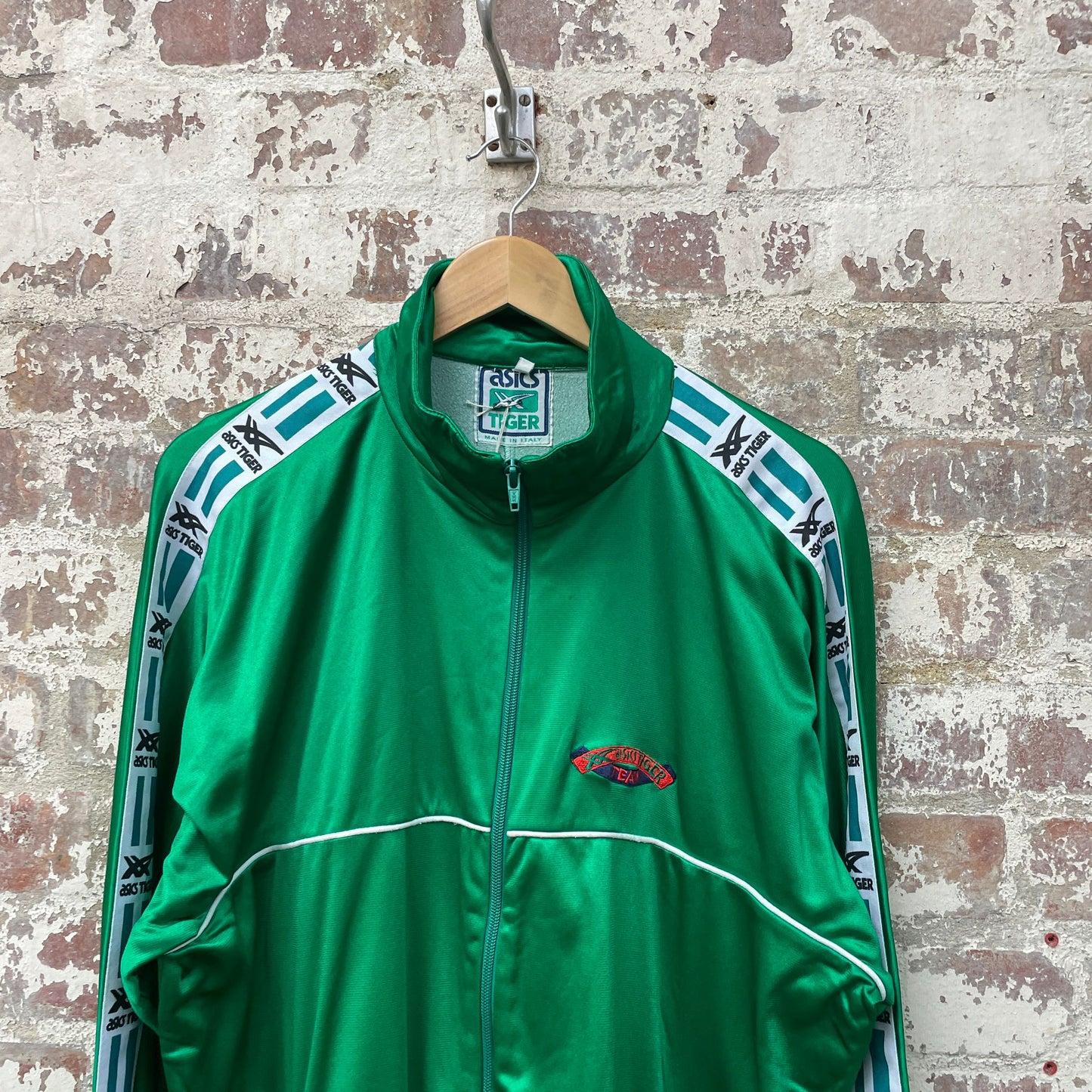 Vintage 1980s 1990s Green Asics tape Logo Track Top Jacket