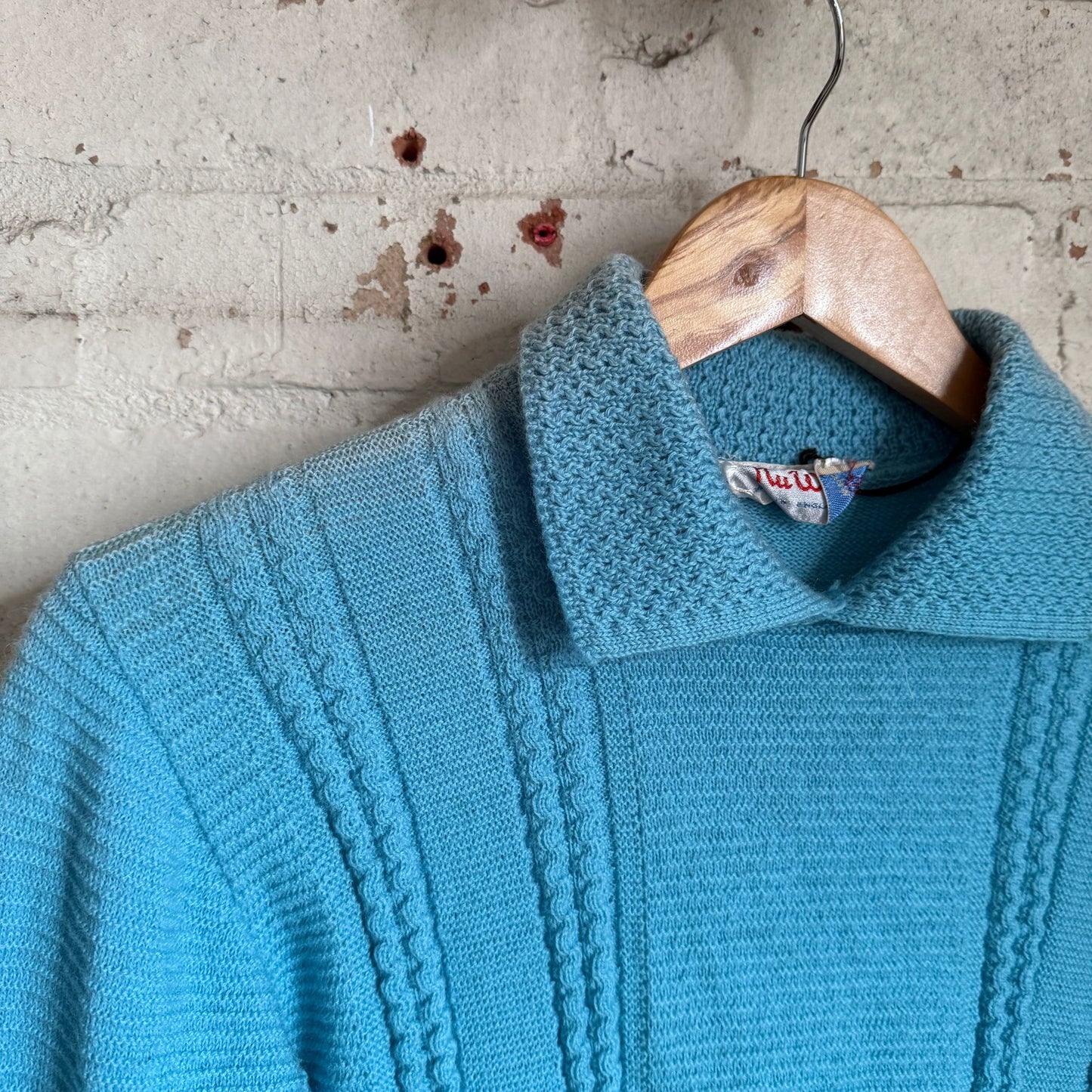 1950s Light Blue Wool British Cable Knitted Jumper