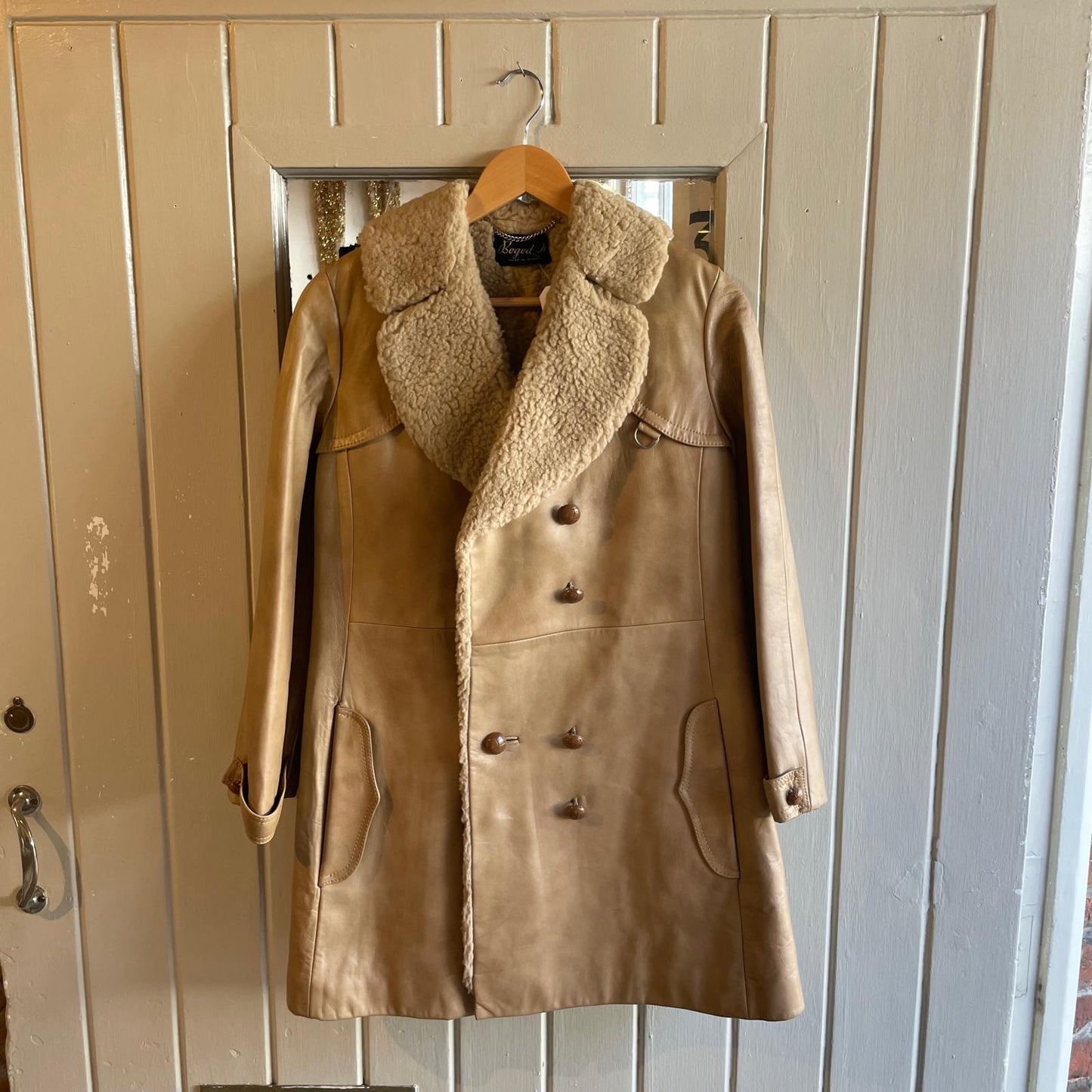 1960s 1970s Beige Sheepskin Long Coat Jacket