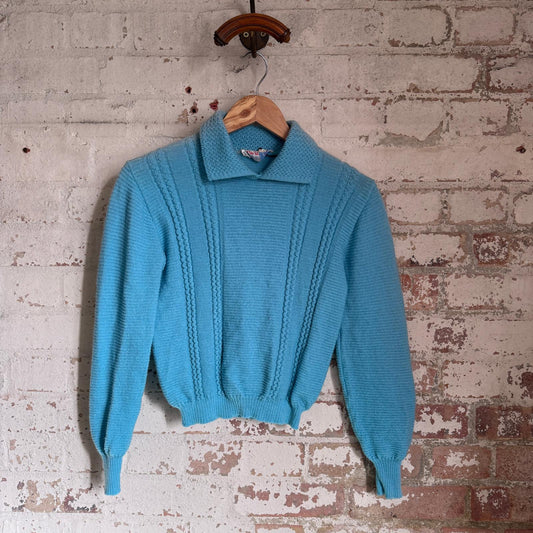 1950s Light Blue Wool British Cable Knitted Jumper