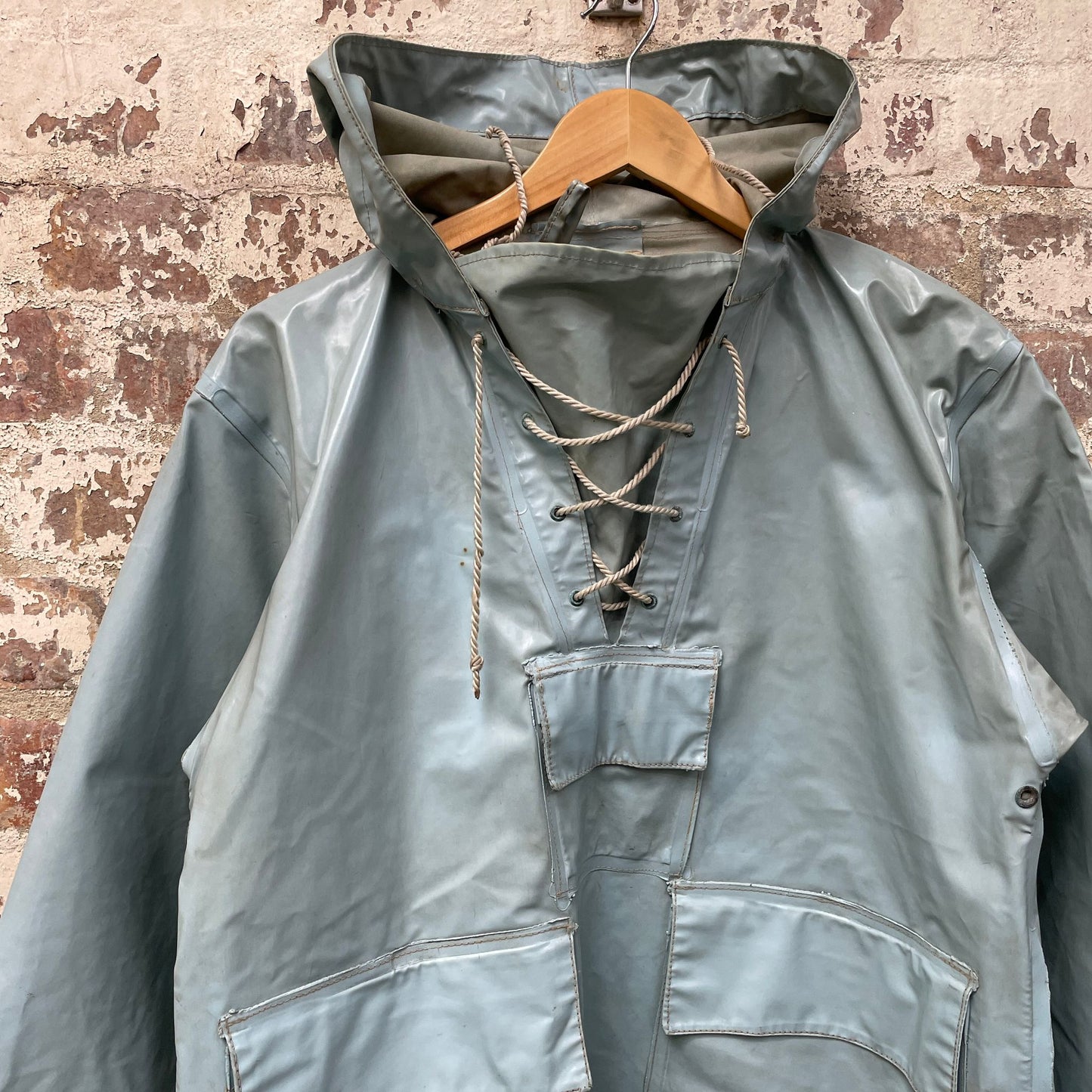 Vintage 1950s 1960s Blue PVC Fisherman Smock Jacket