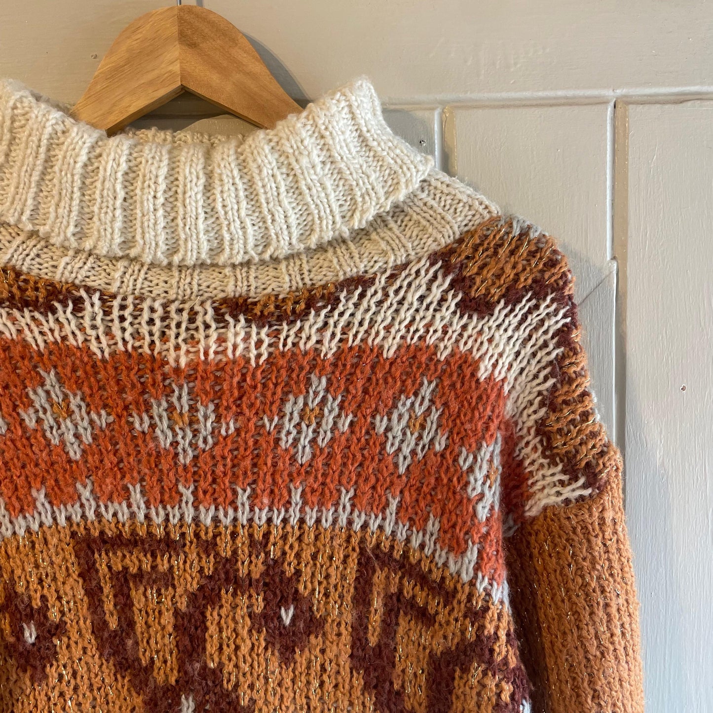 1970s Cream Knitted Patterned Turtle-Neck Dress